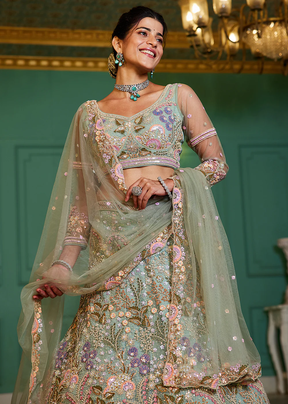 Green Cording & Sequins Embroidered Net Lehenga Choli - Image 2