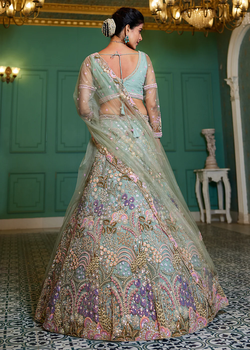 Green Cording & Sequins Embroidered Net Lehenga Choli - Image 3