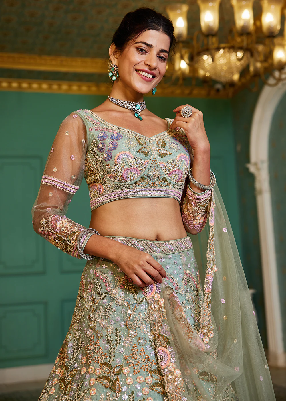 Green Cording & Sequins Embroidered Net Lehenga Choli - Image 4