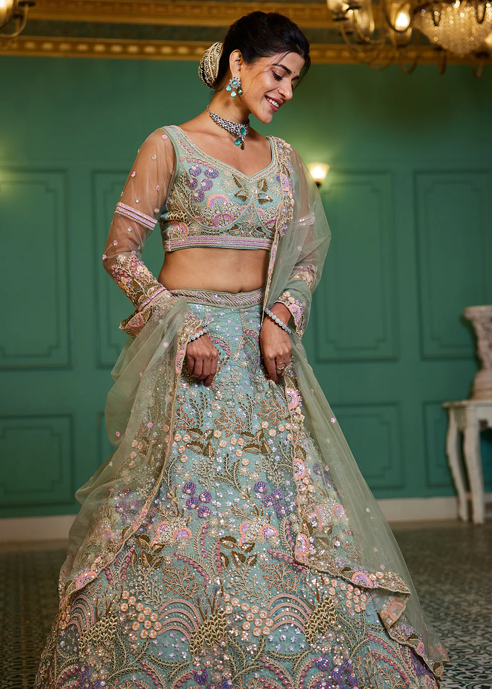 Green Cording & Sequins Embroidered Net Lehenga Choli - Image 5