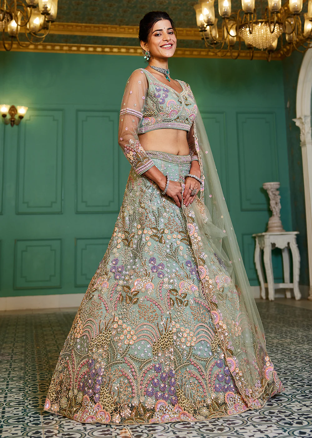 Green Cording & Sequins Embroidered Net Lehenga Choli - Image 6