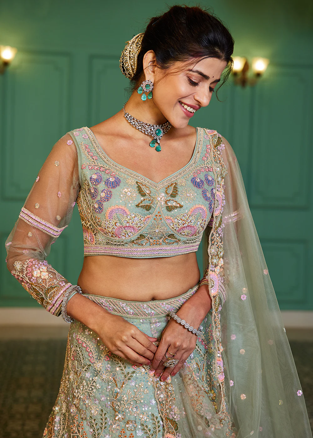 Green Cording & Sequins Embroidered Net Lehenga Choli - Image 7