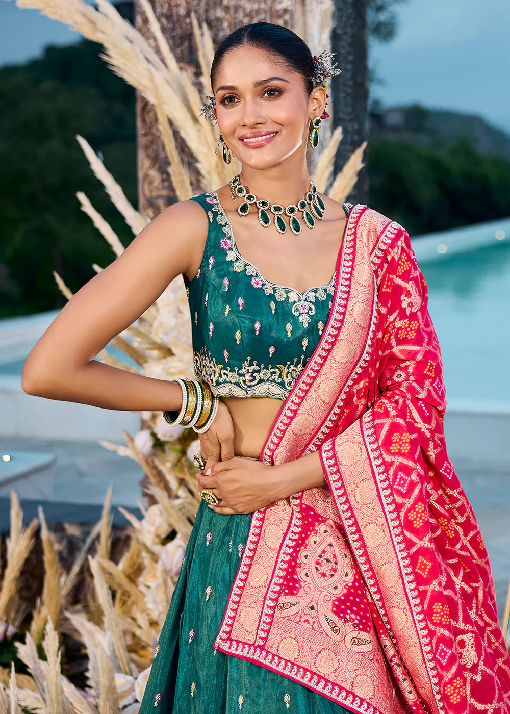 Green Cosmos Silk Embroidered Wedding Lehenga Choli - Image 2