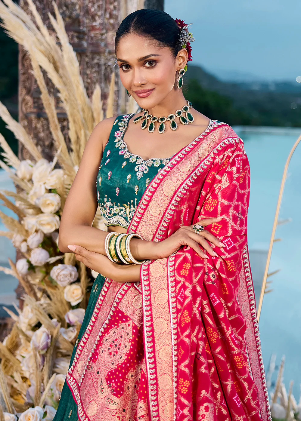 Green Cosmos Silk Embroidered Wedding Lehenga Choli - Image 5