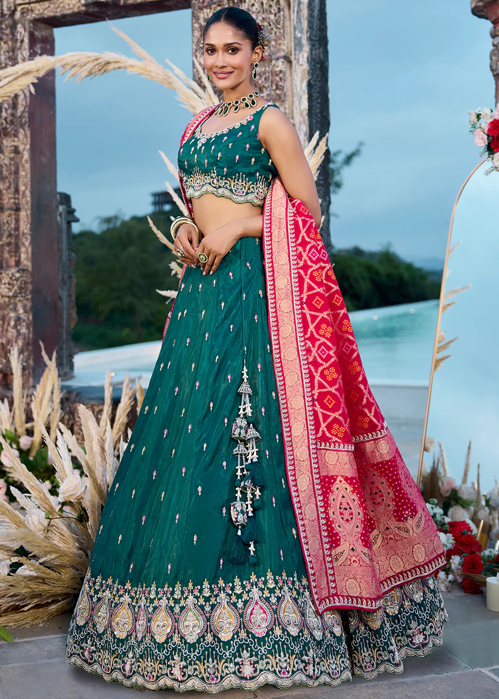 Green Cosmos Silk Embroidered Wedding Lehenga Choli - Image 6