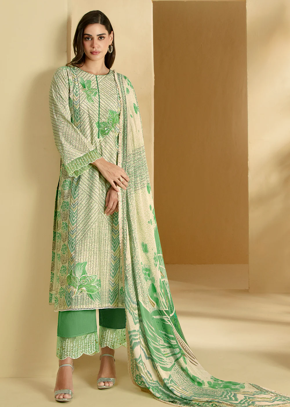 Green Cotton Lawn Digital Printed Festive Salwar Suit