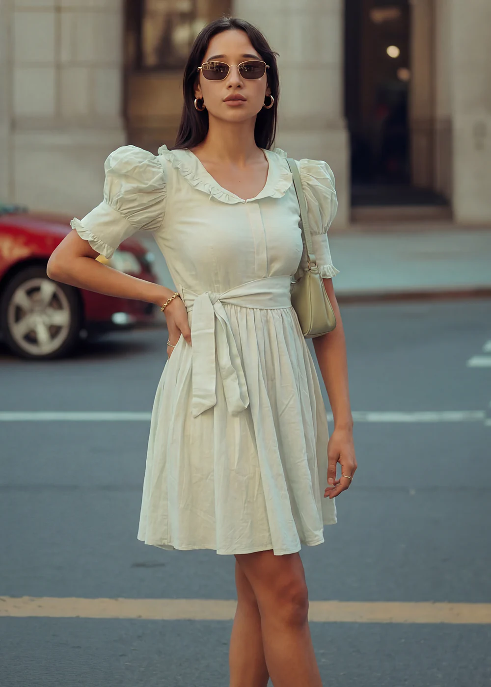 Green Cotton Ruffeled Sleeves Mini Indo Western Dress - Image 2