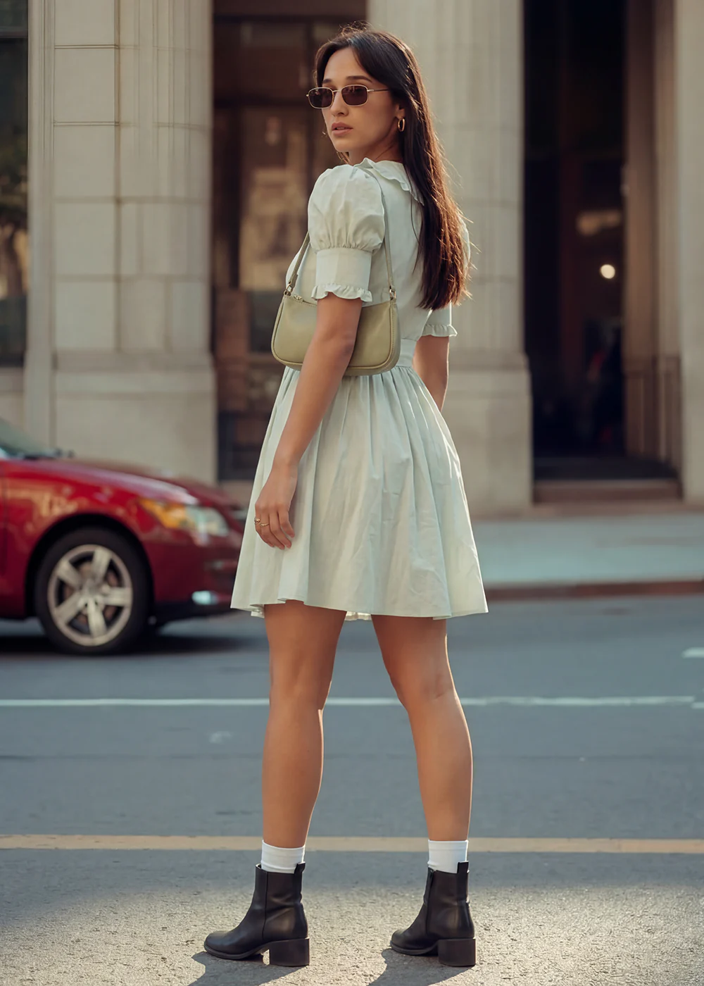 Green Cotton Ruffeled Sleeves Mini Indo Western Dress - Image 3