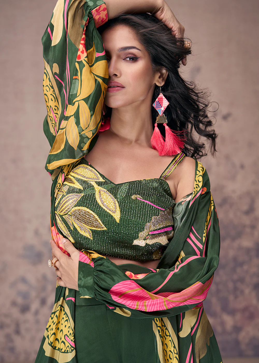 Green Crepe Silk Jacket Style Indo Western Dress - Image 2