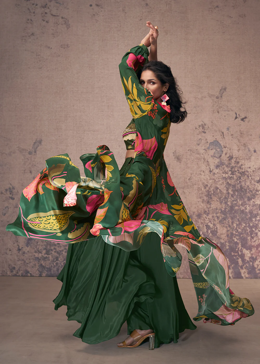 Green Crepe Silk Jacket Style Indo Western Dress - Image 3