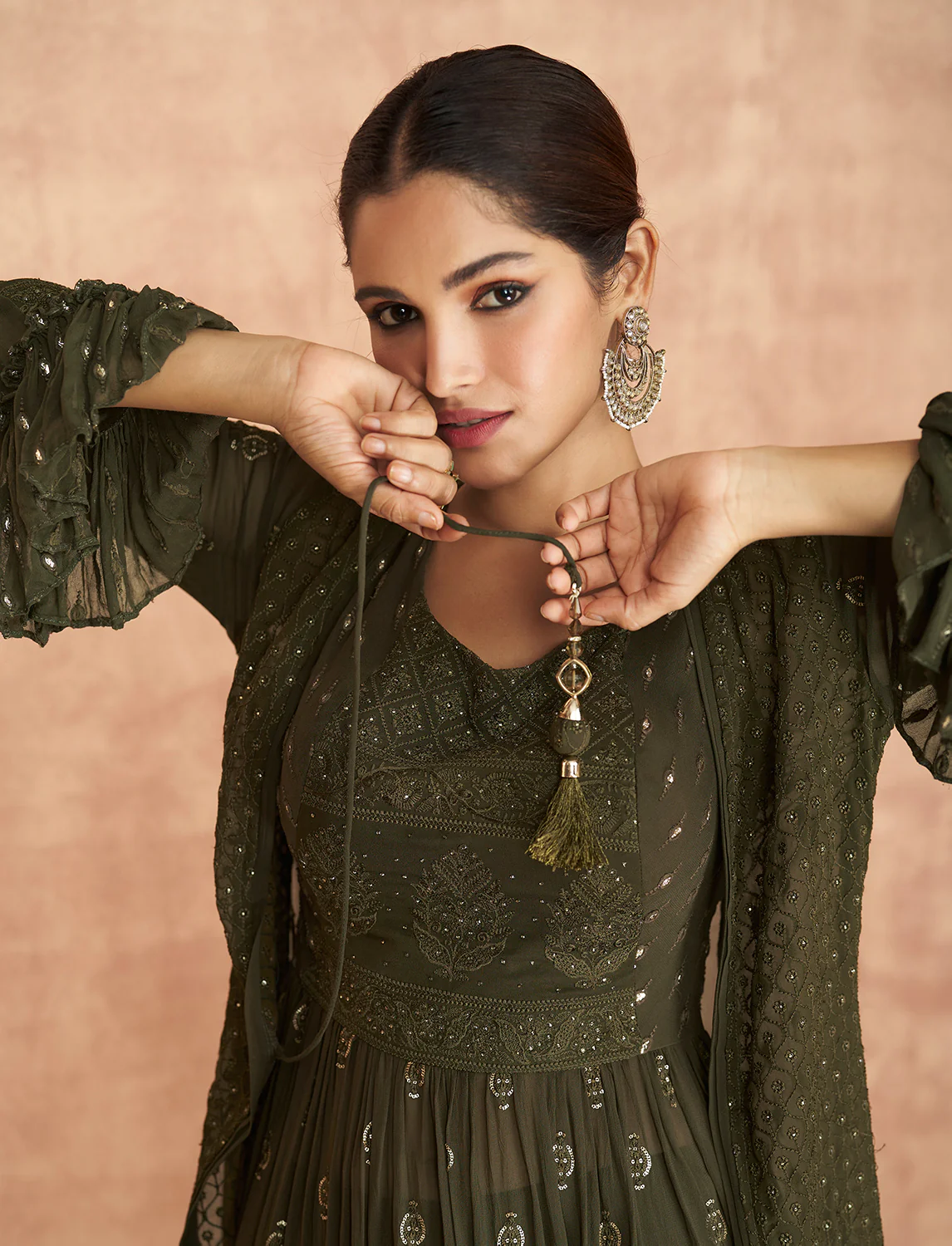 Green Crop Top 3 Piece Georgette Indo-Western Palazzo Suit - Image 2