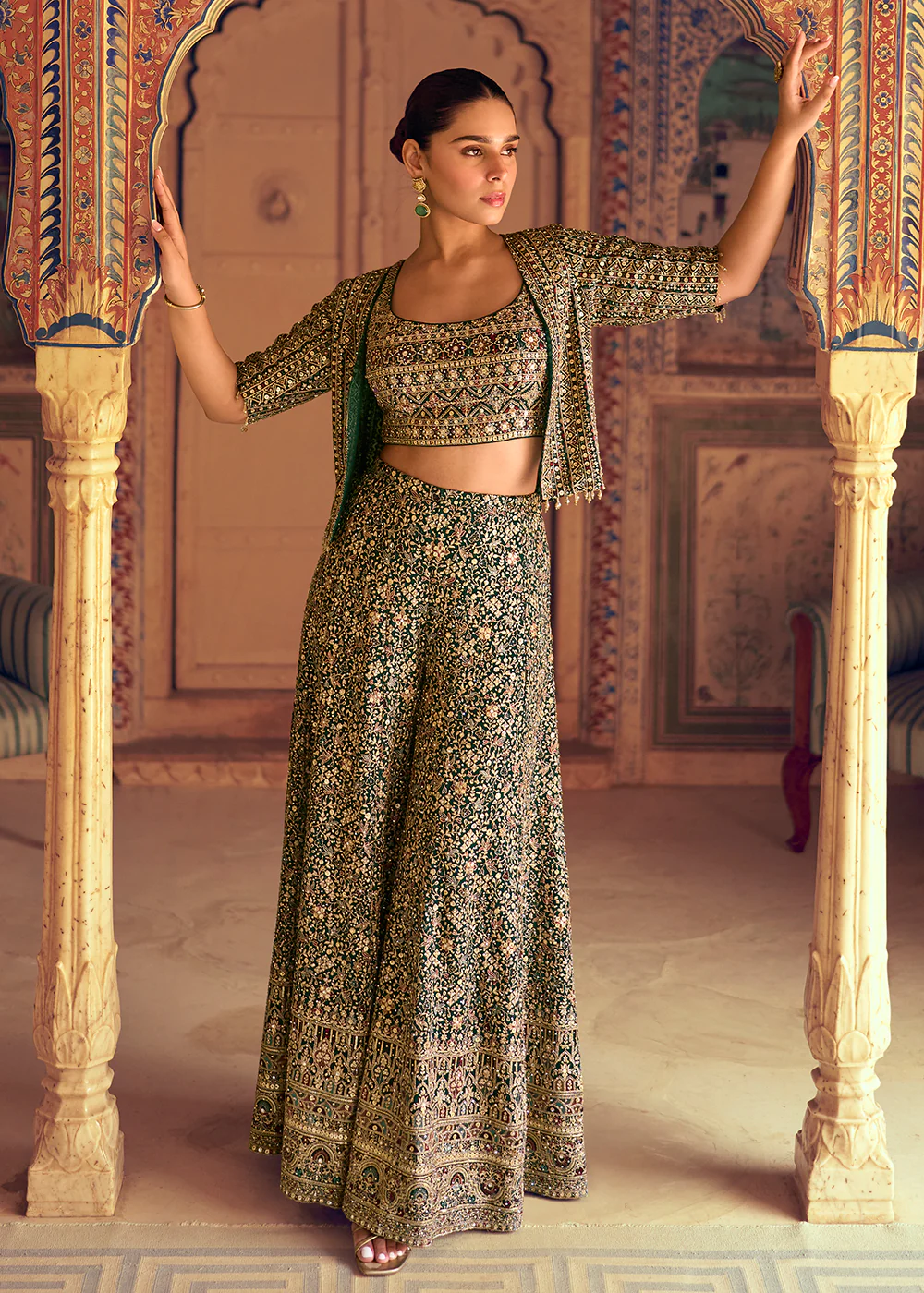 Green Crop Top Party Style Palazzo Suit with Jacket