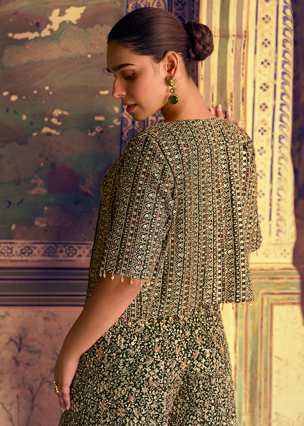 Green Crop Top Party Style Palazzo Suit with Jacket - Image 3