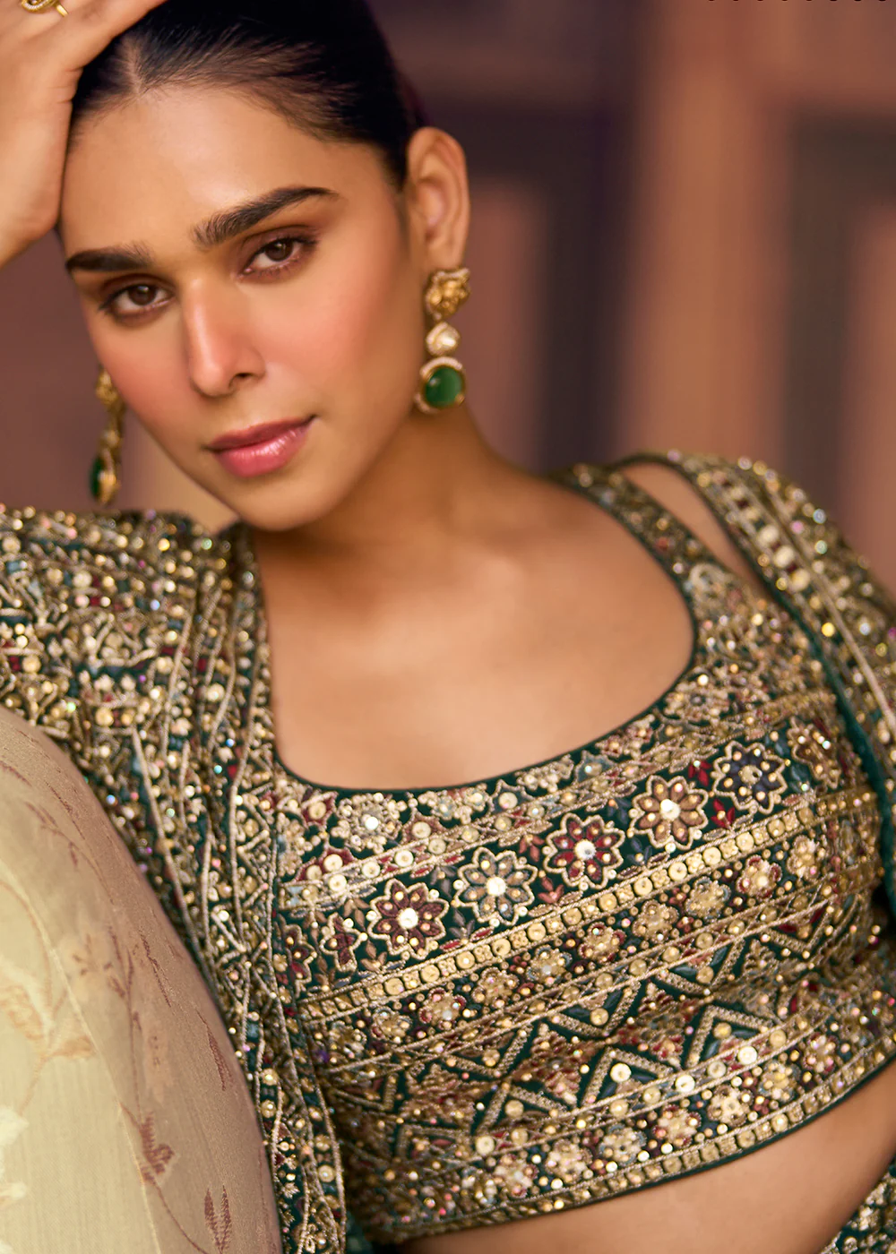 Green Crop Top Party Style Palazzo Suit with Jacket - Image 4