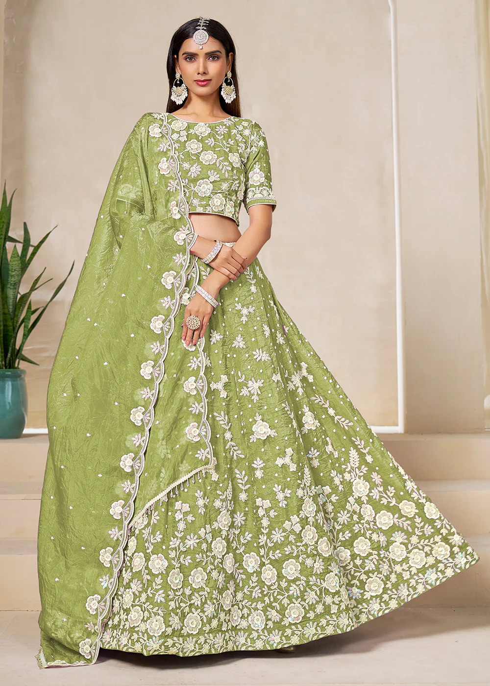 Green Crush Fill Organza Festive Style Lehenga Choli
