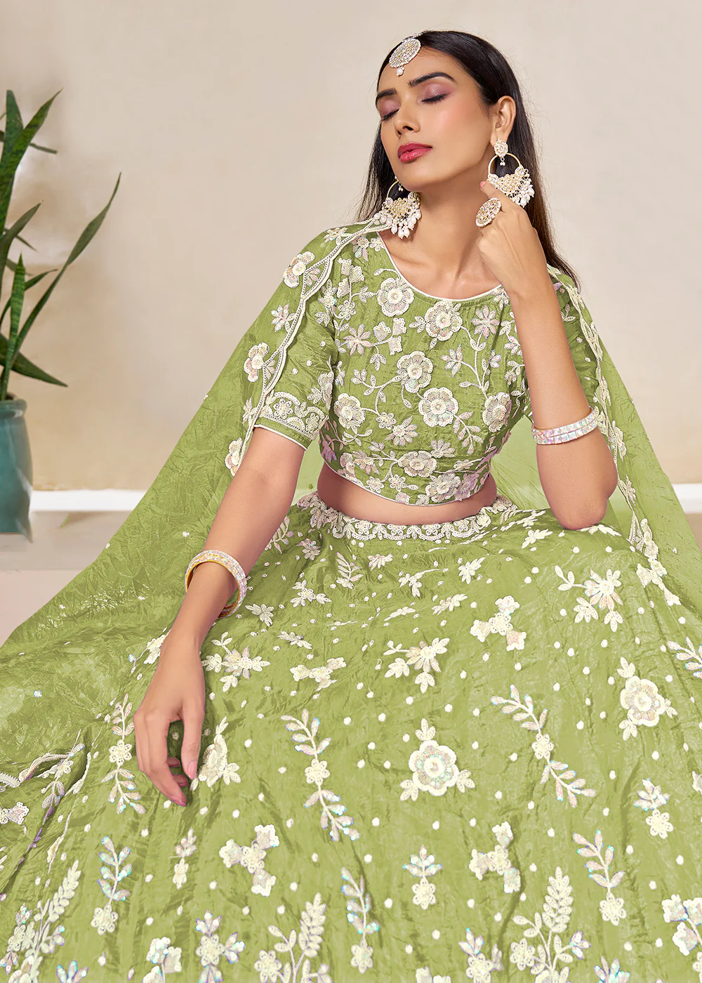 Green Crush Fill Organza Festive Style Lehenga Choli - Image 2
