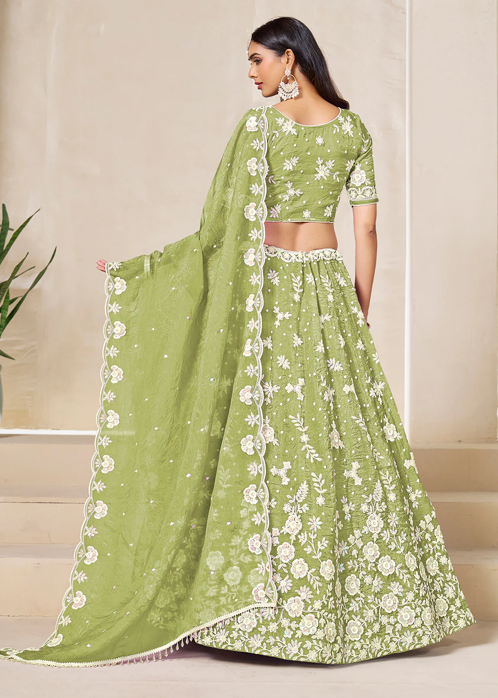 Green Crush Fill Organza Festive Style Lehenga Choli - Image 3