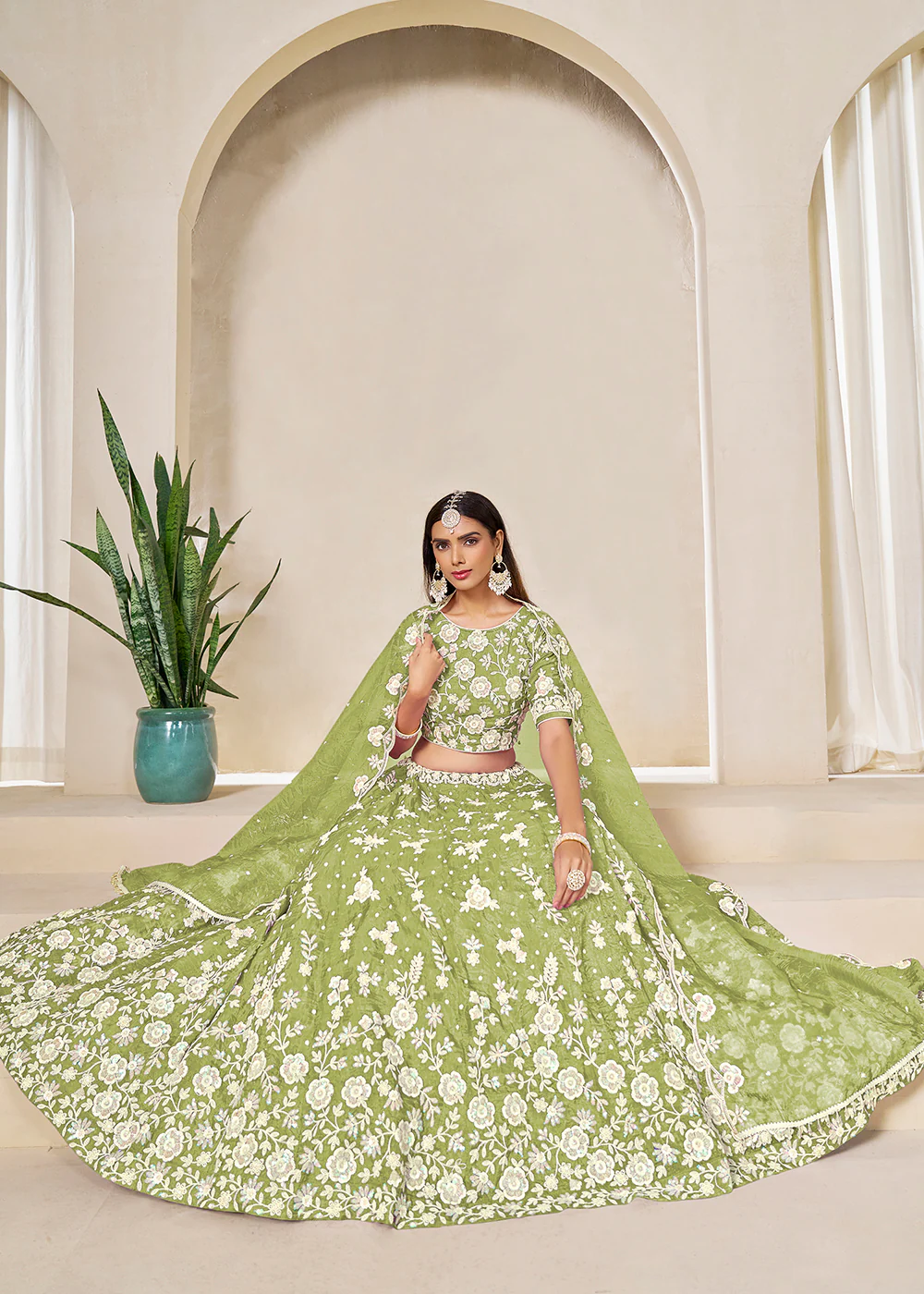 Green Crush Fill Organza Festive Style Lehenga Choli - Image 4
