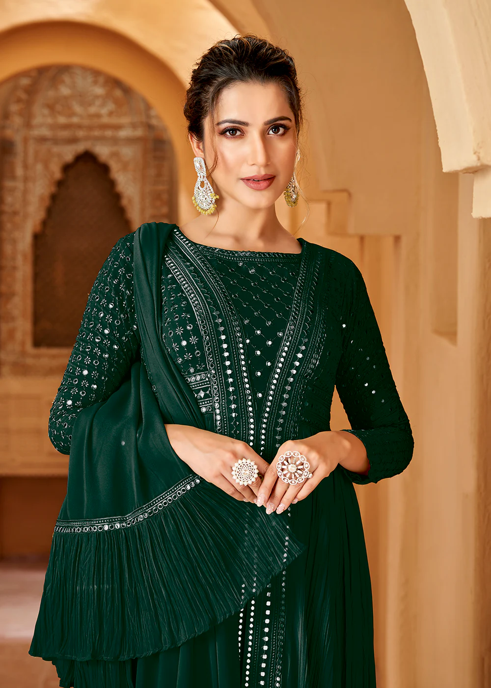 Green Crushed Georgette Mirror Lucknowi Work Anarkali Dress - Image 2
