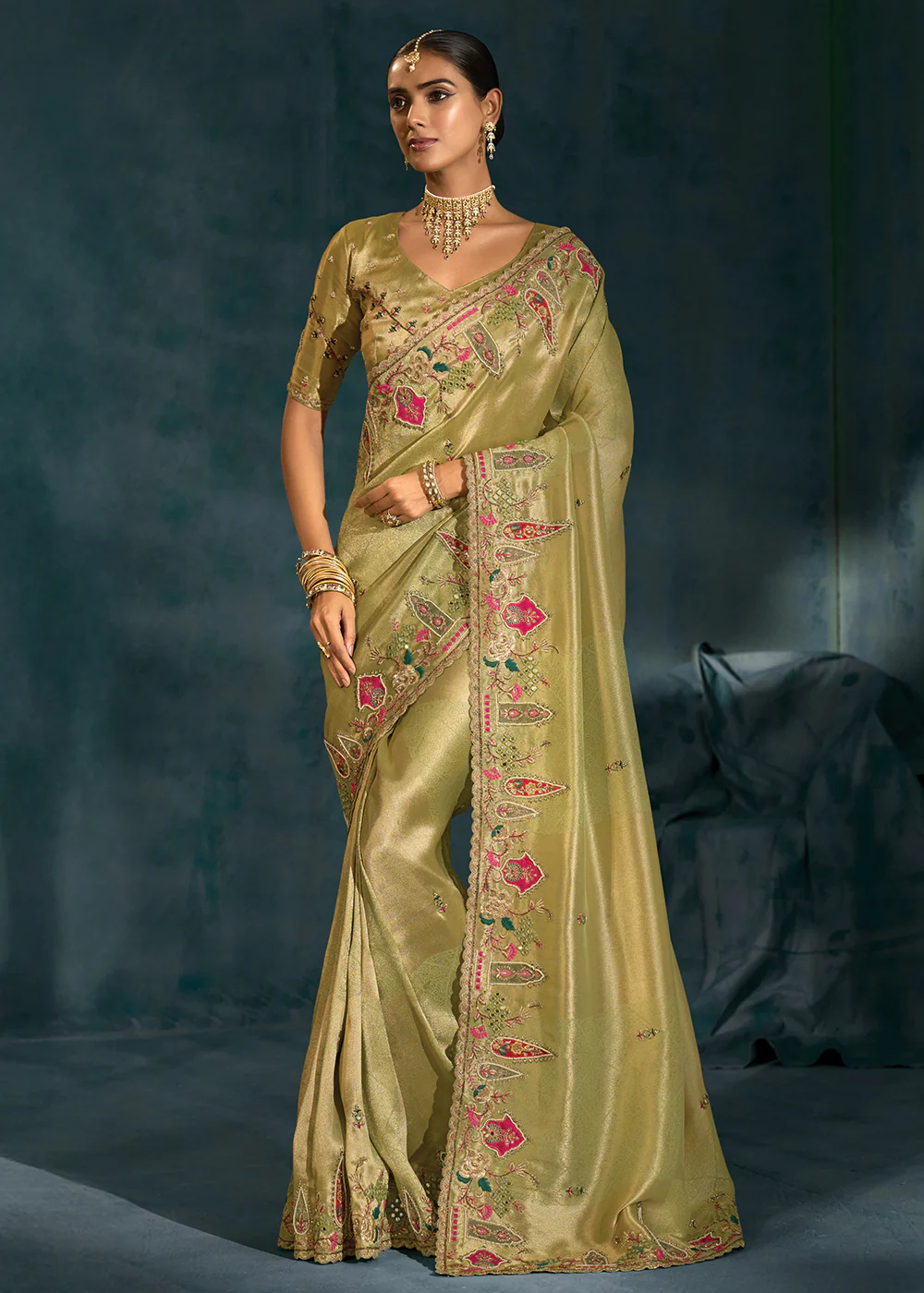 Green Cut Dana & Mirror Work Designer Saree