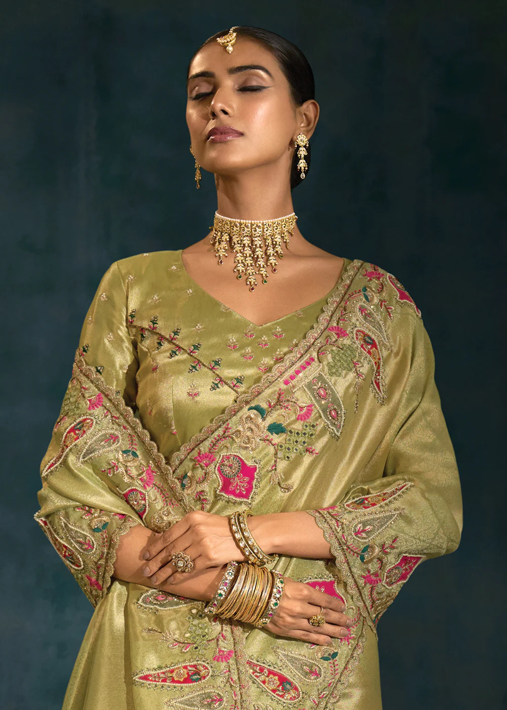 Green Cut Dana & Mirror Work Designer Saree - Image 2