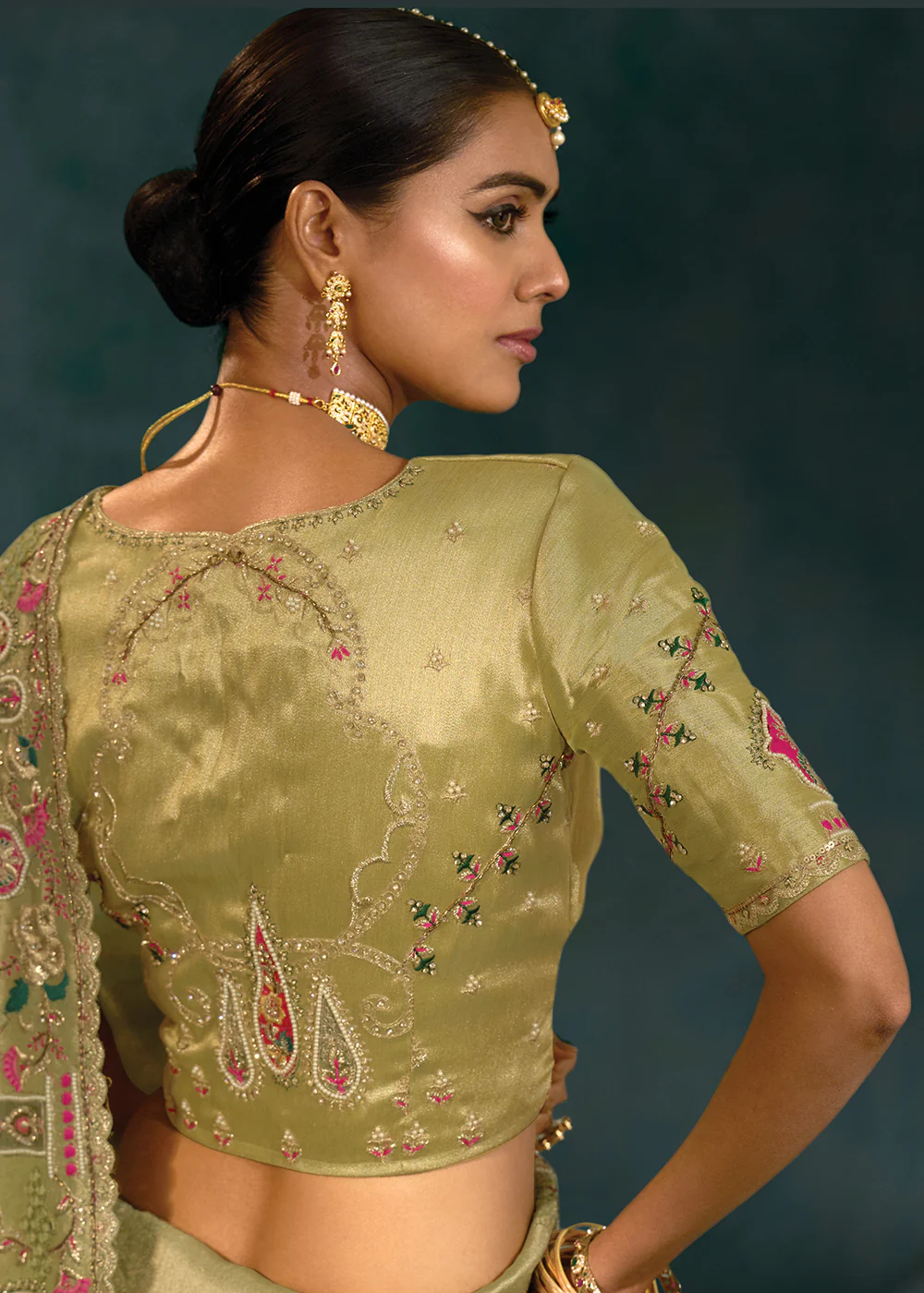 Green Cut Dana & Mirror Work Designer Saree - Image 3