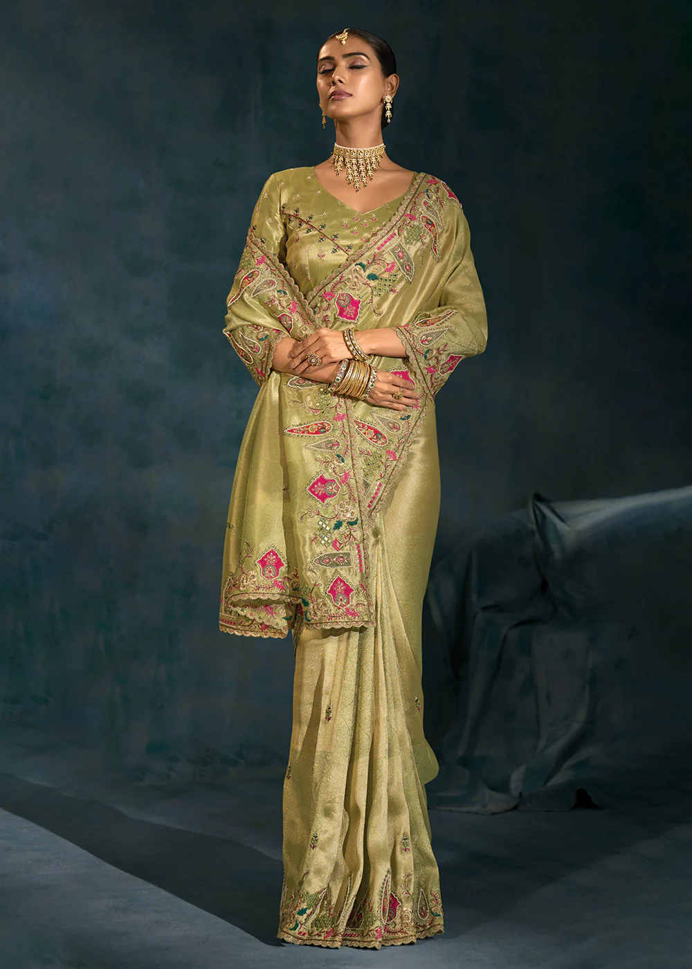 Green Cut Dana & Mirror Work Designer Saree - Image 4