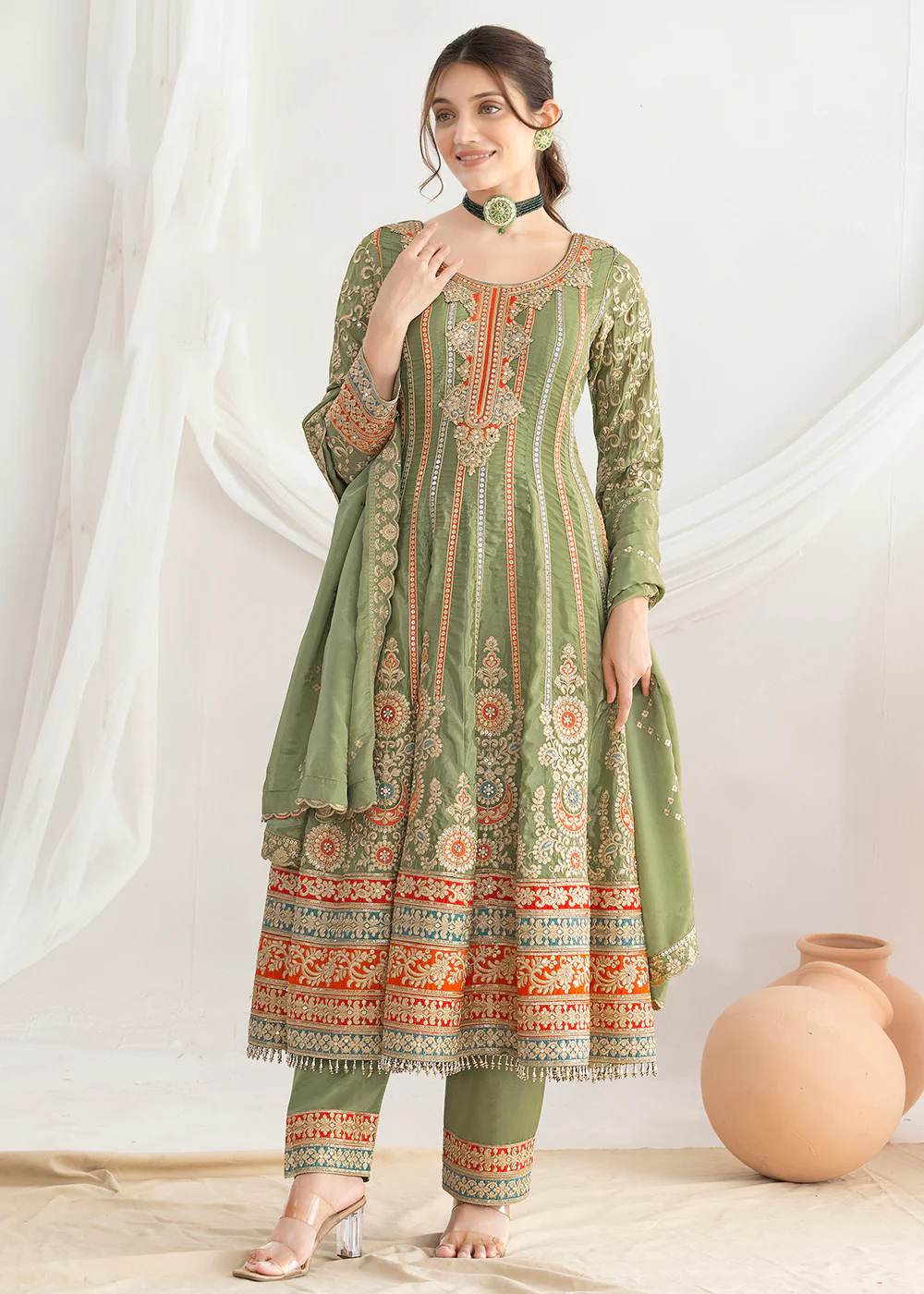 Green Dabka Dori & Mirror Anarkali Style Pant Suit