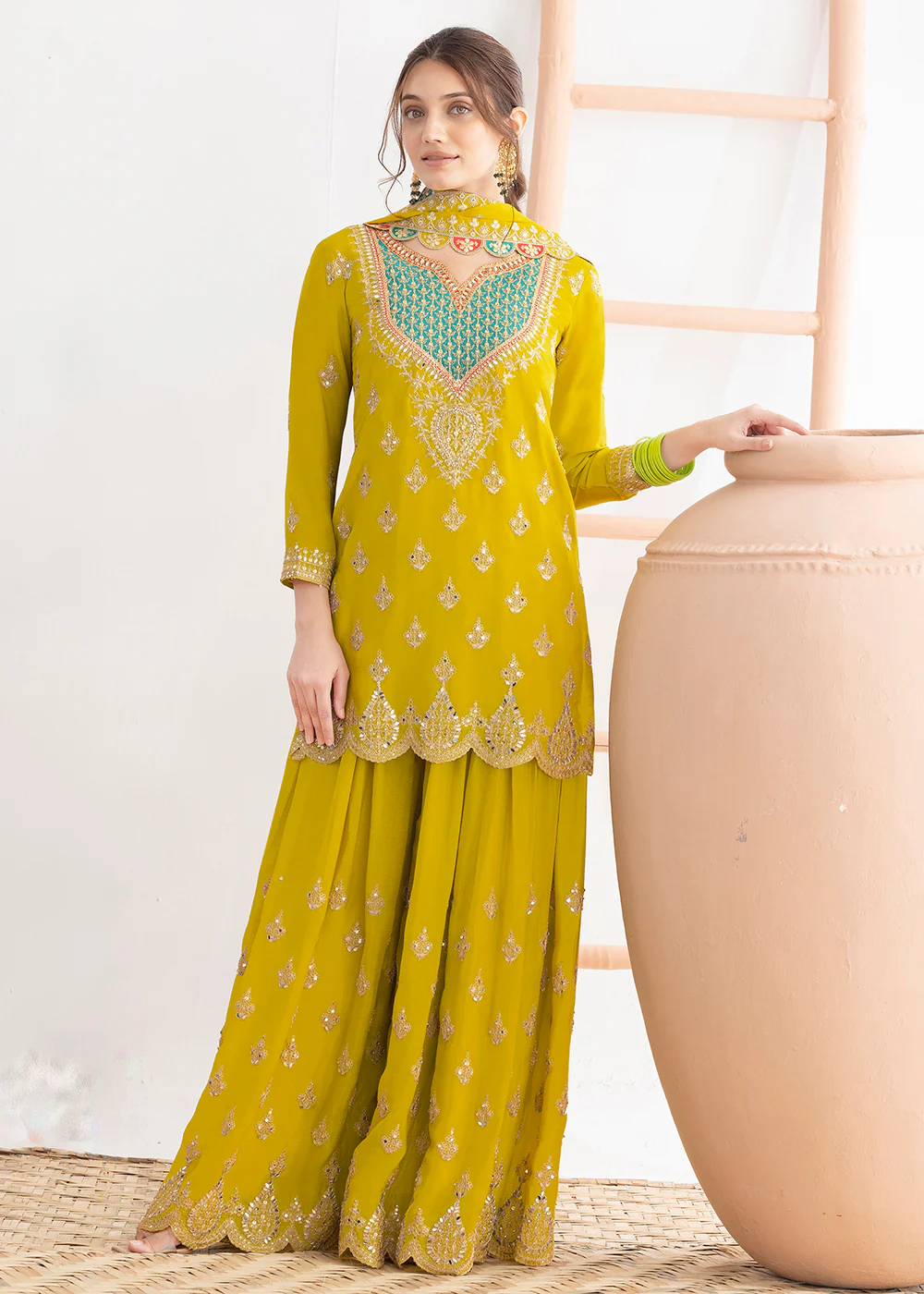 Green Dabka Dori & Sequins Palazzo Style Suit
