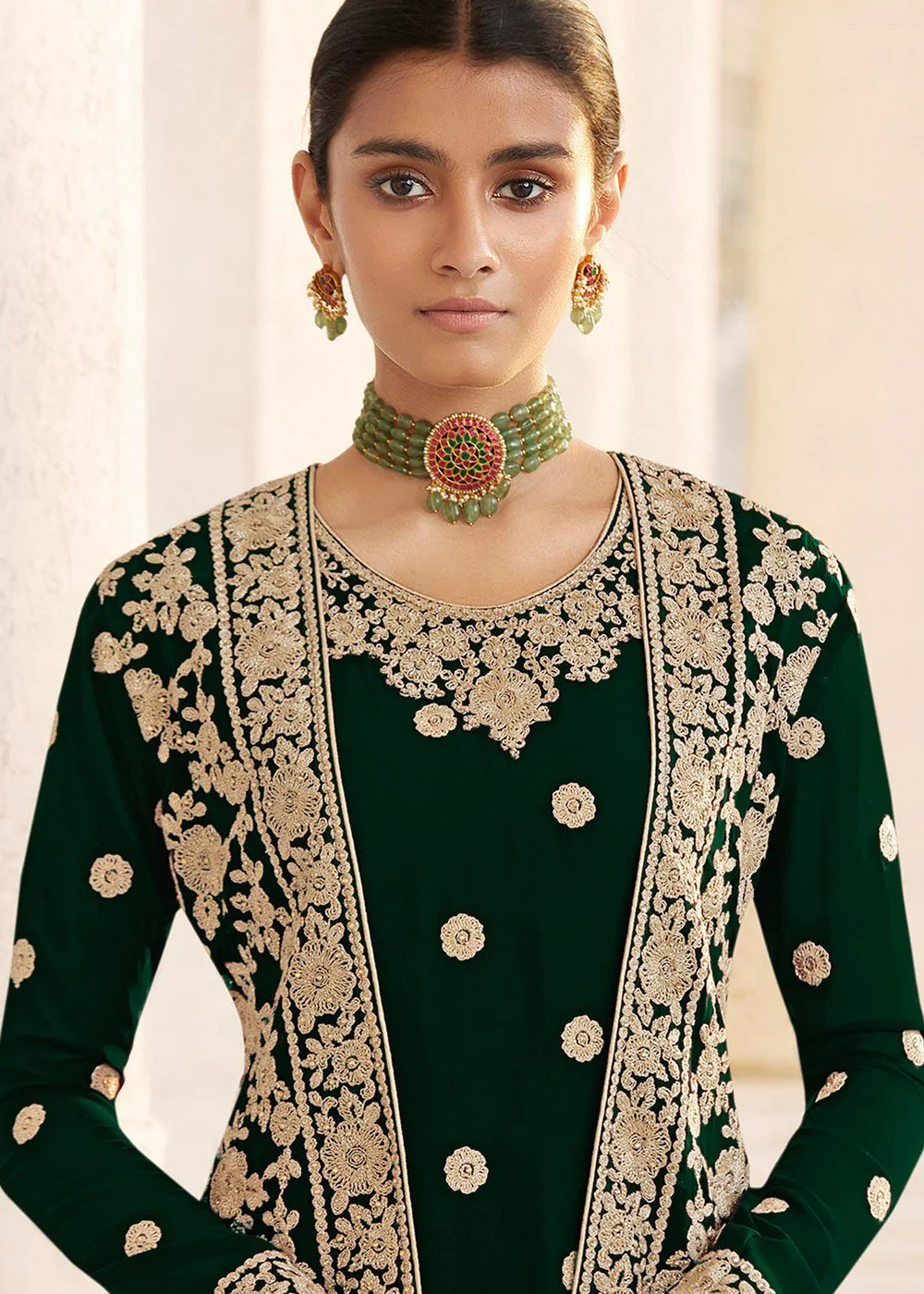 Green Designer Georgette Embroidered Jacket Style Suit - Image 2
