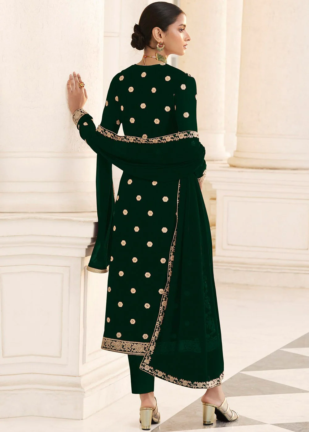 Green Designer Georgette Embroidered Jacket Style Suit - Image 3
