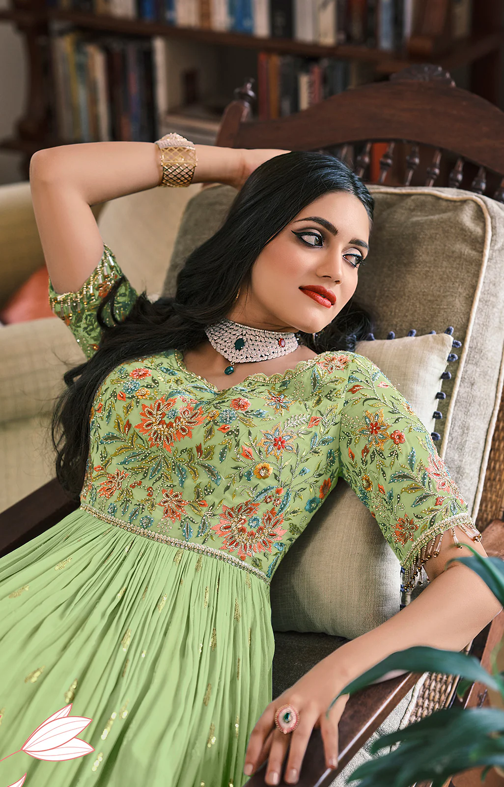 Green Designer Motifs Embellished Georgette Anarkali Suit - Image 2
