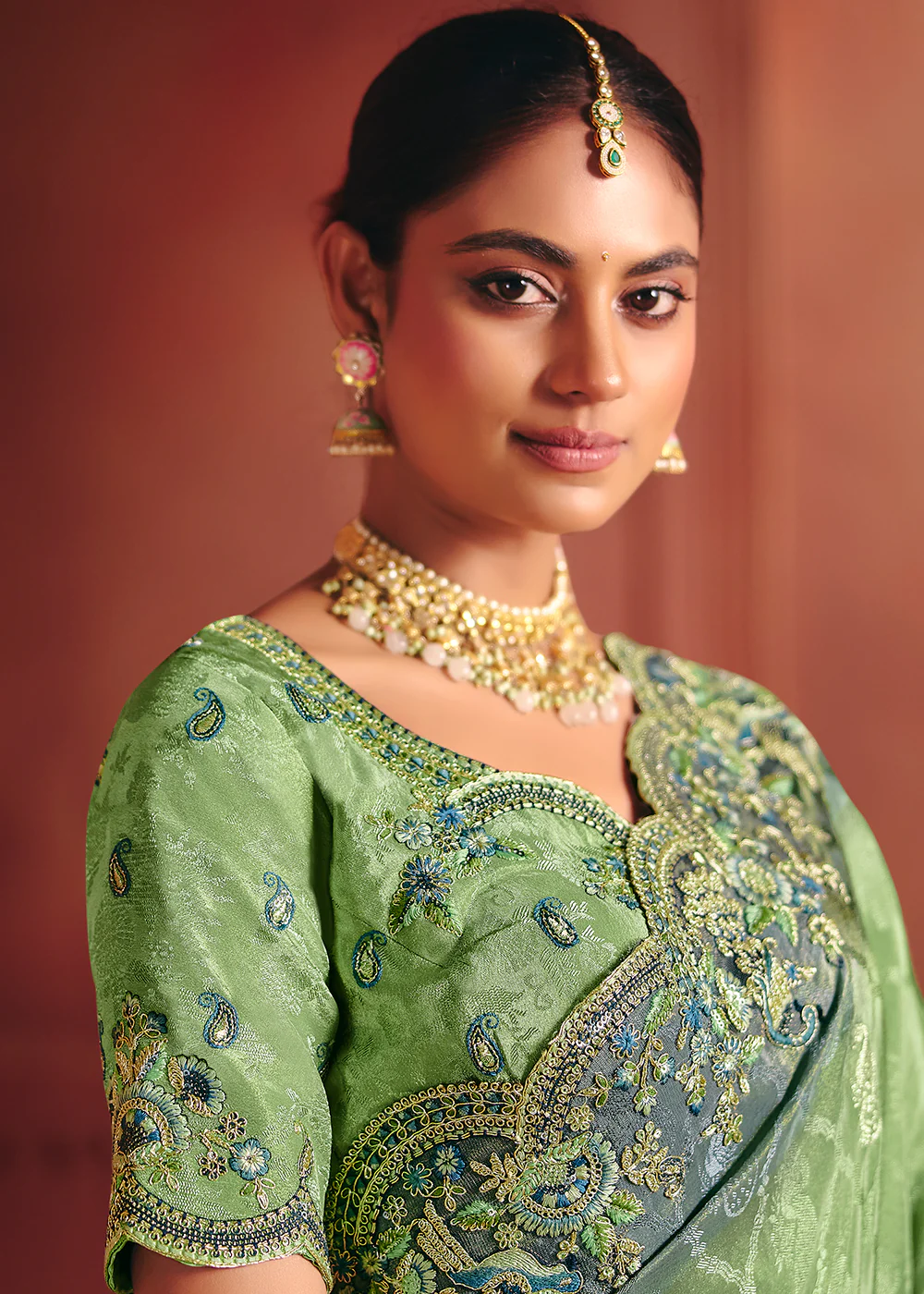 Green Designer Style Embroidered Wedding Saree - Image 2