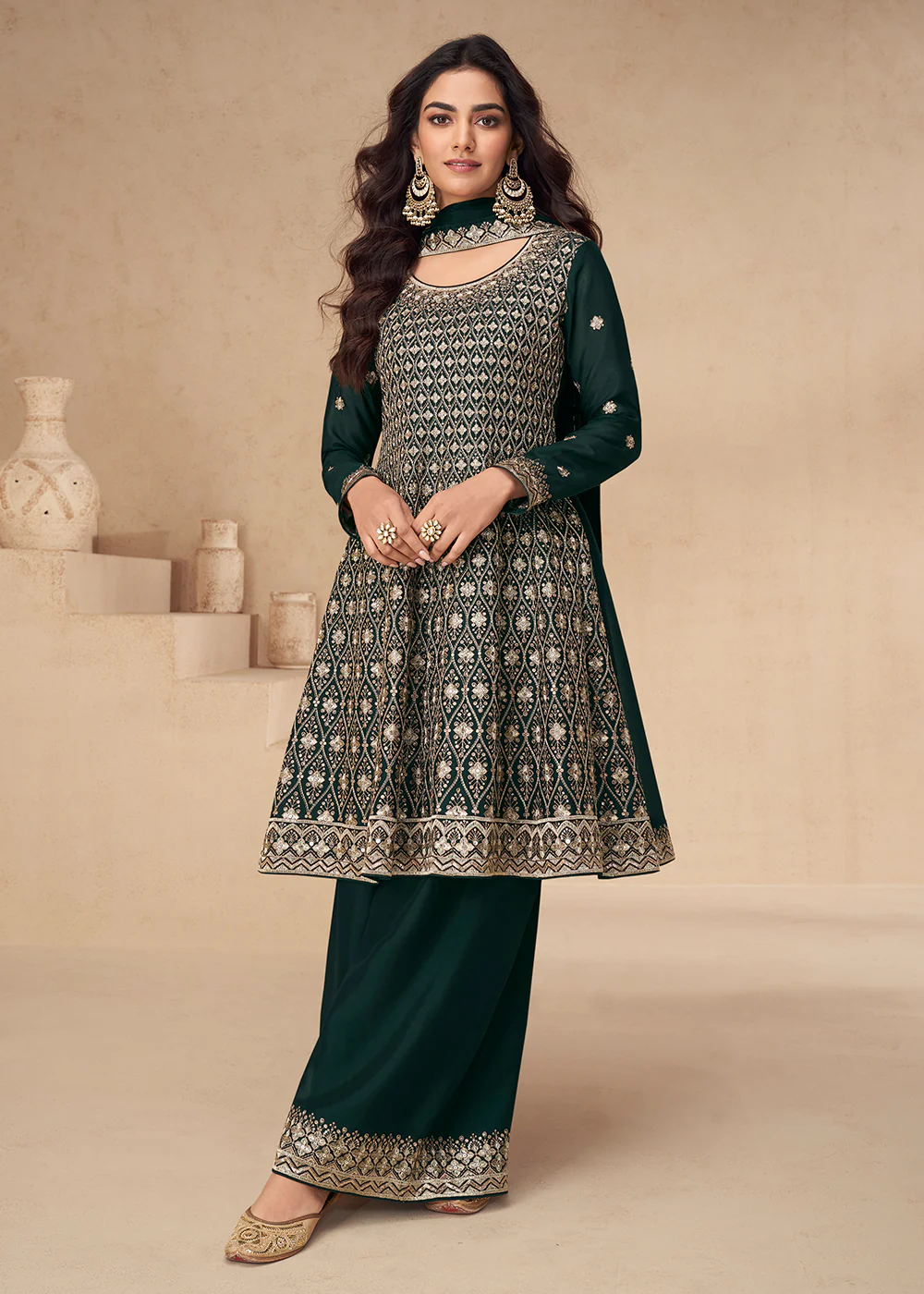 Green Designer Style Embroidered Palazzo Style Dress