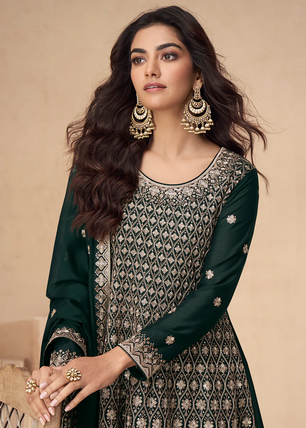 Green Designer Style Embroidered Palazzo Style Dress - Image 2