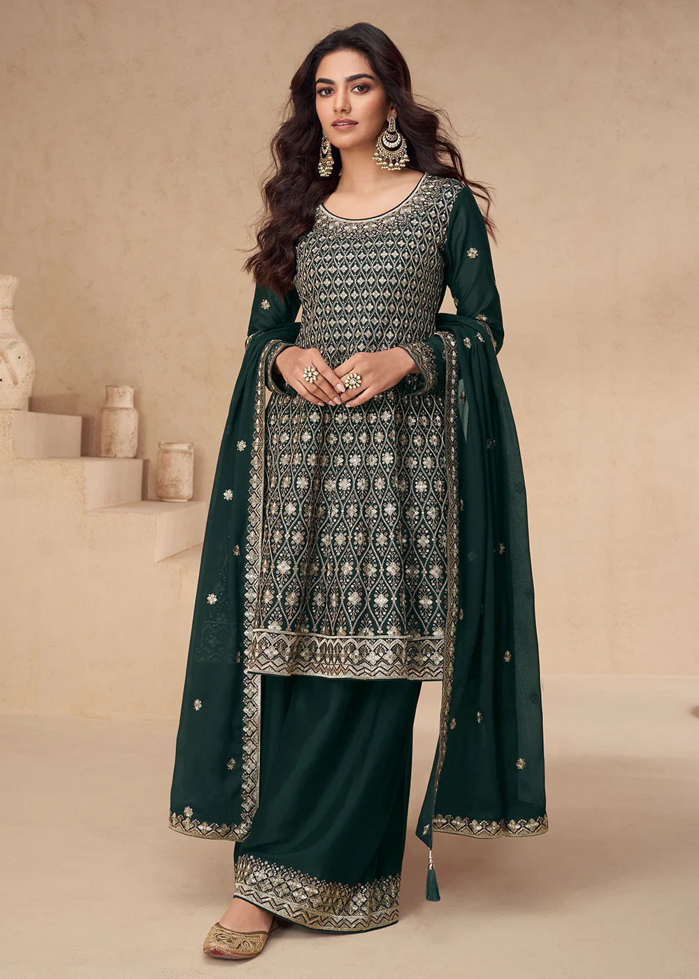 Green Designer Style Embroidered Palazzo Style Dress - Image 3
