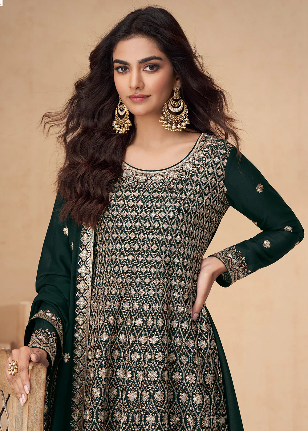 Green Designer Style Embroidered Palazzo Style Dress - Image 4