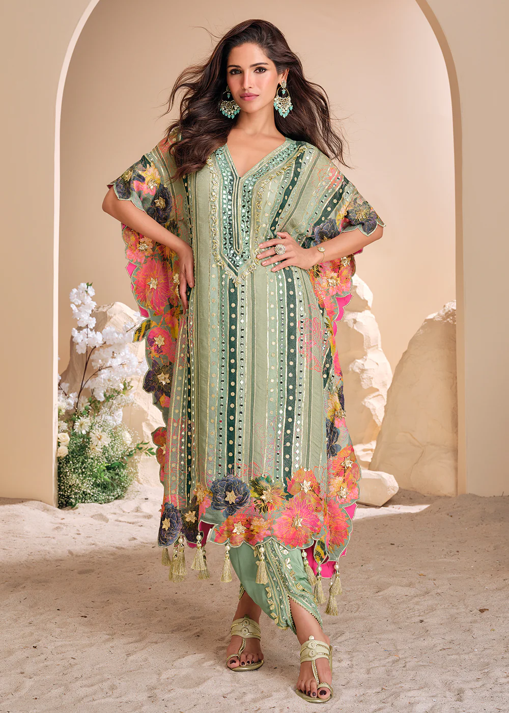 Green Dhoti Style Hand Embellished Kaftan Style Dress