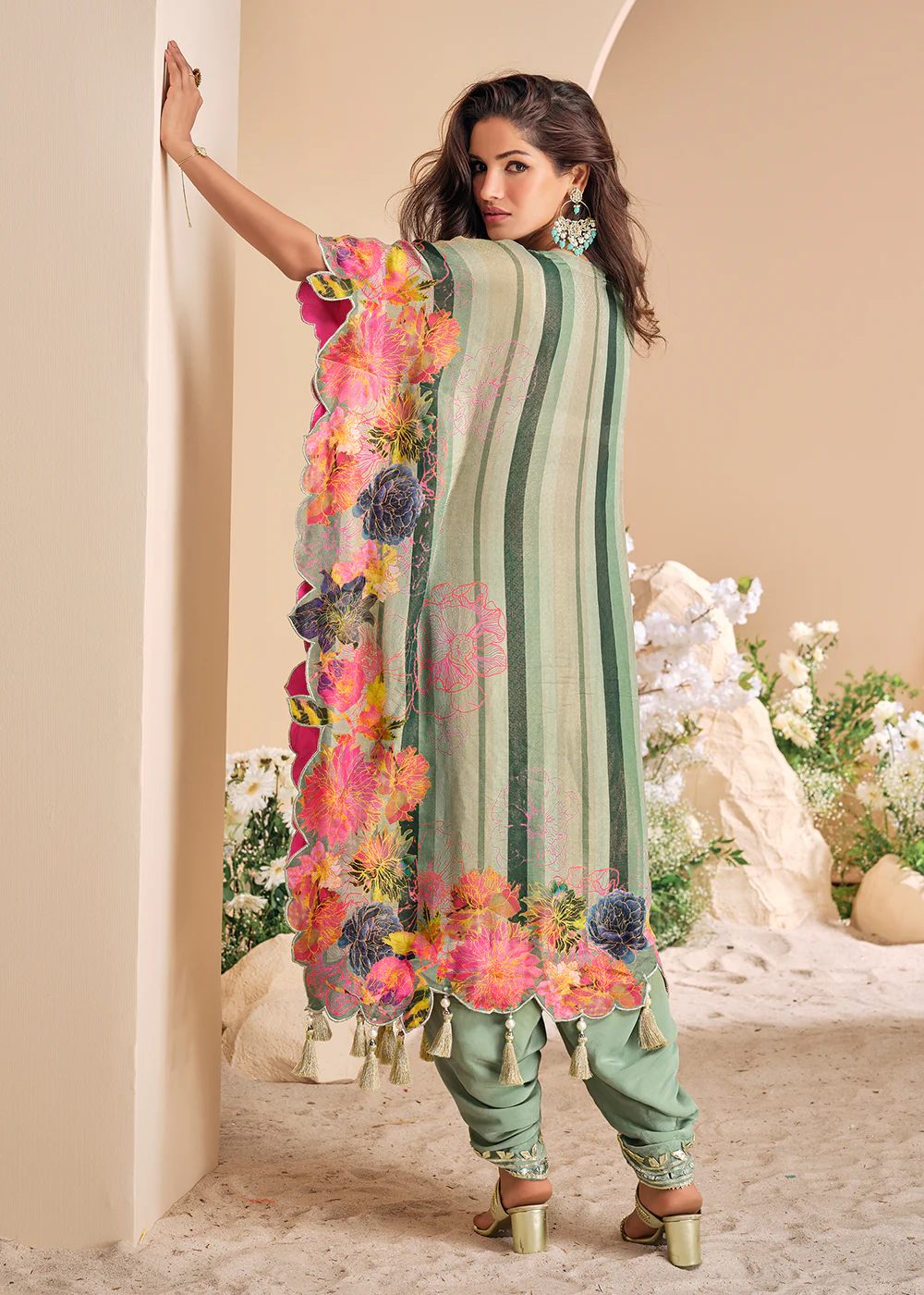 Green Dhoti Style Hand Embellished Kaftan Style Dress - Image 3