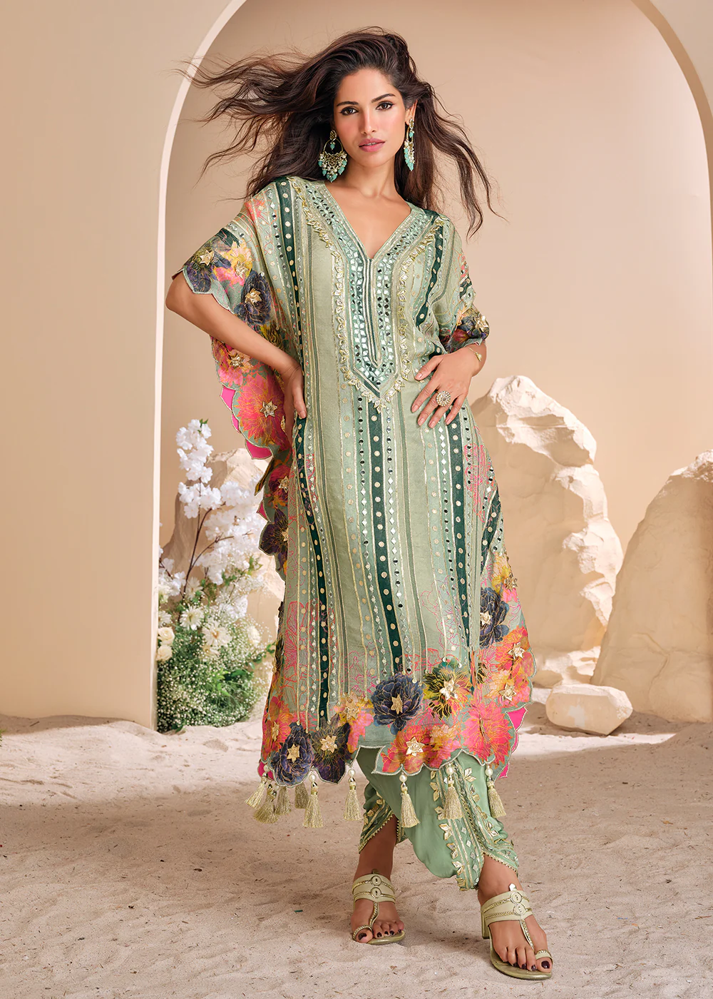 Green Dhoti Style Hand Embellished Kaftan Style Dress - Image 4