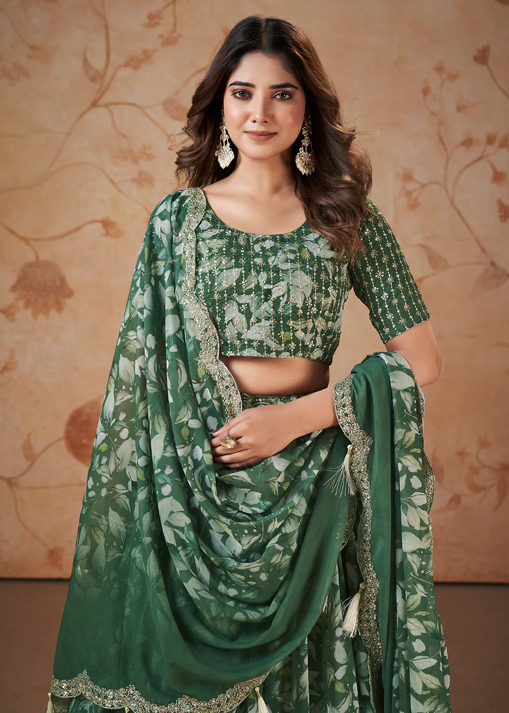 Green Digital Print & Sequins Wedding Festive Lehenga Choli - Image 2