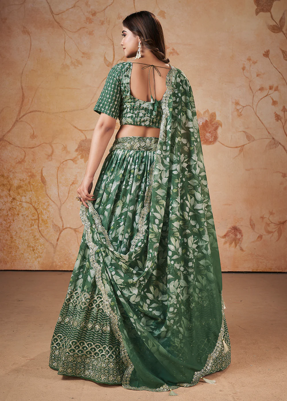 Green Digital Print & Sequins Wedding Festive Lehenga Choli - Image 3
