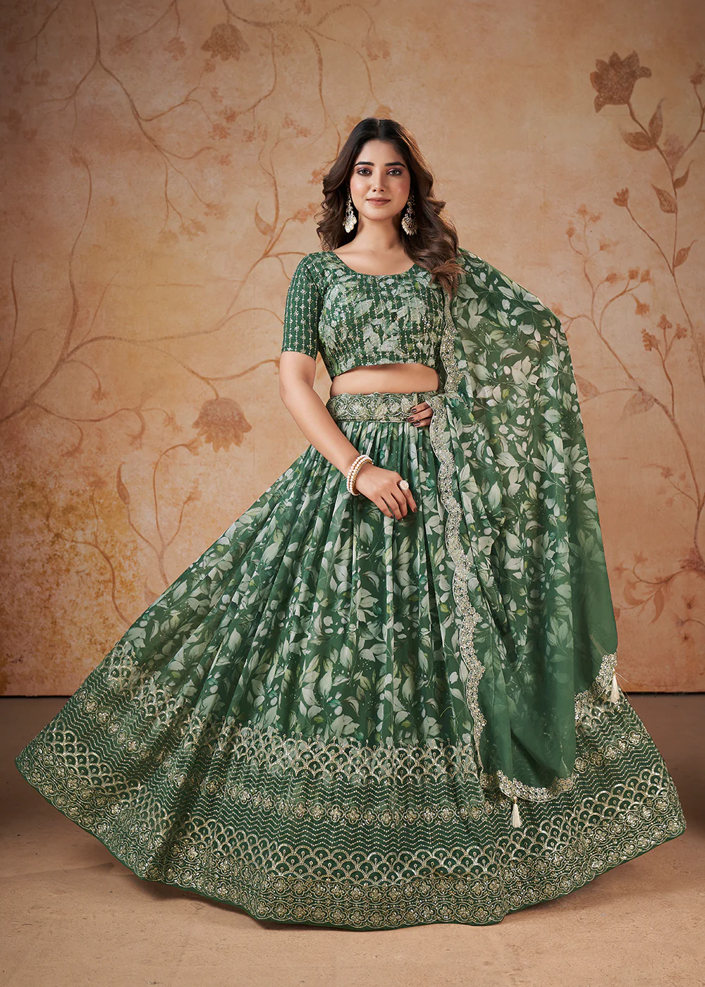 Green Digital Print & Sequins Wedding Festive Lehenga Choli - Image 4