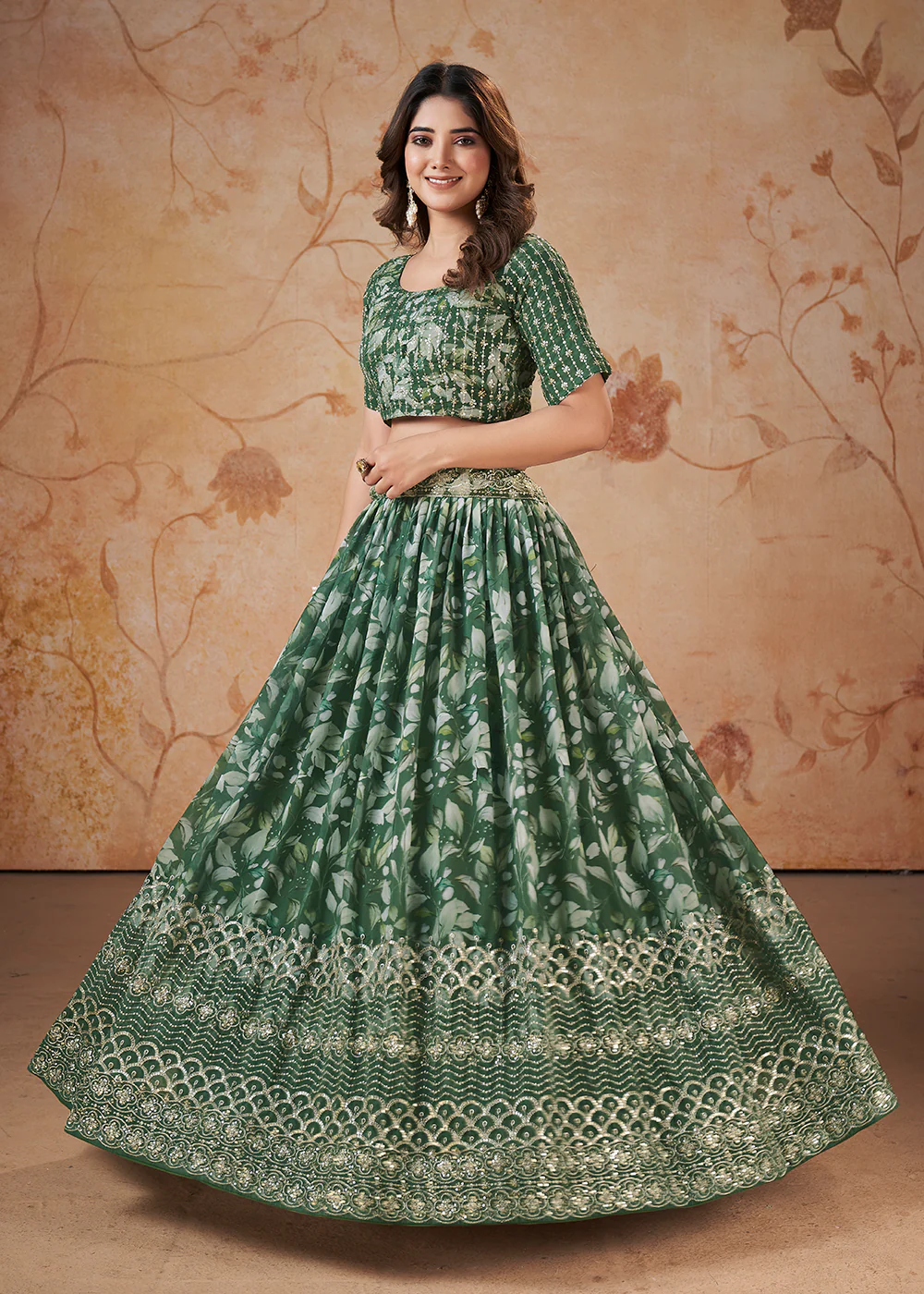 Green Digital Print & Sequins Wedding Festive Lehenga Choli - Image 5