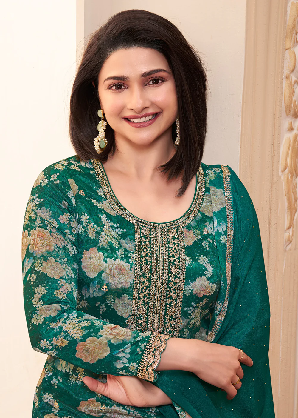 Green Digital Printed Chinnon Festive Salwar Kameez - Image 2