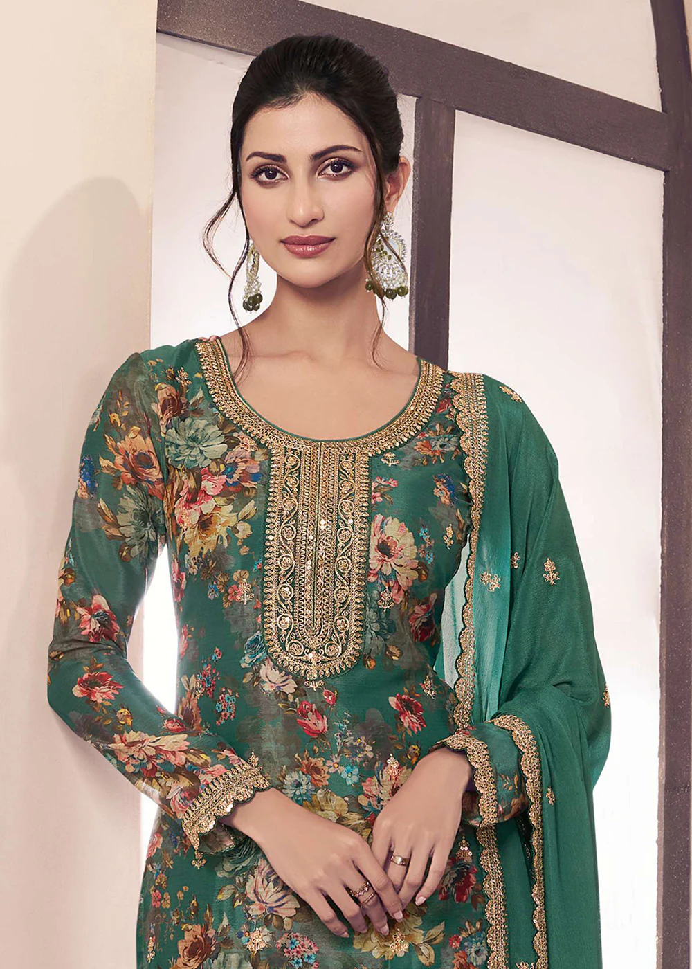 Green Digital Printed Chinnon Pakistani Style Suit - Image 2