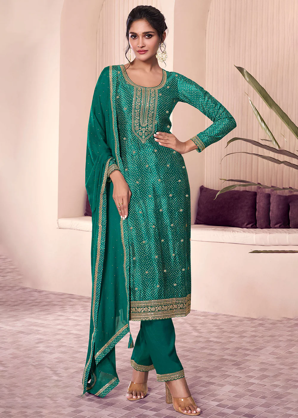 Green Digital Printed & Embroidered Eid Wear Salwar Suit