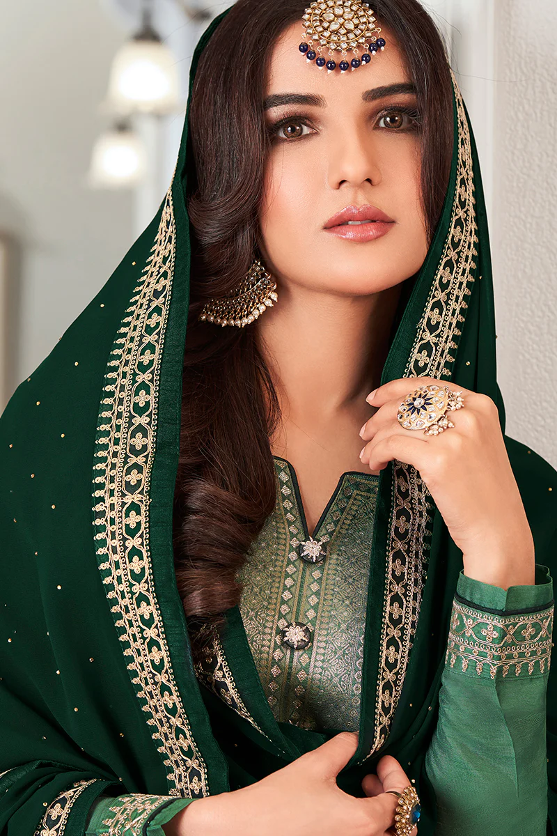 Green Dola Jacquard Silk Festival Salwar Kameez - Image 2