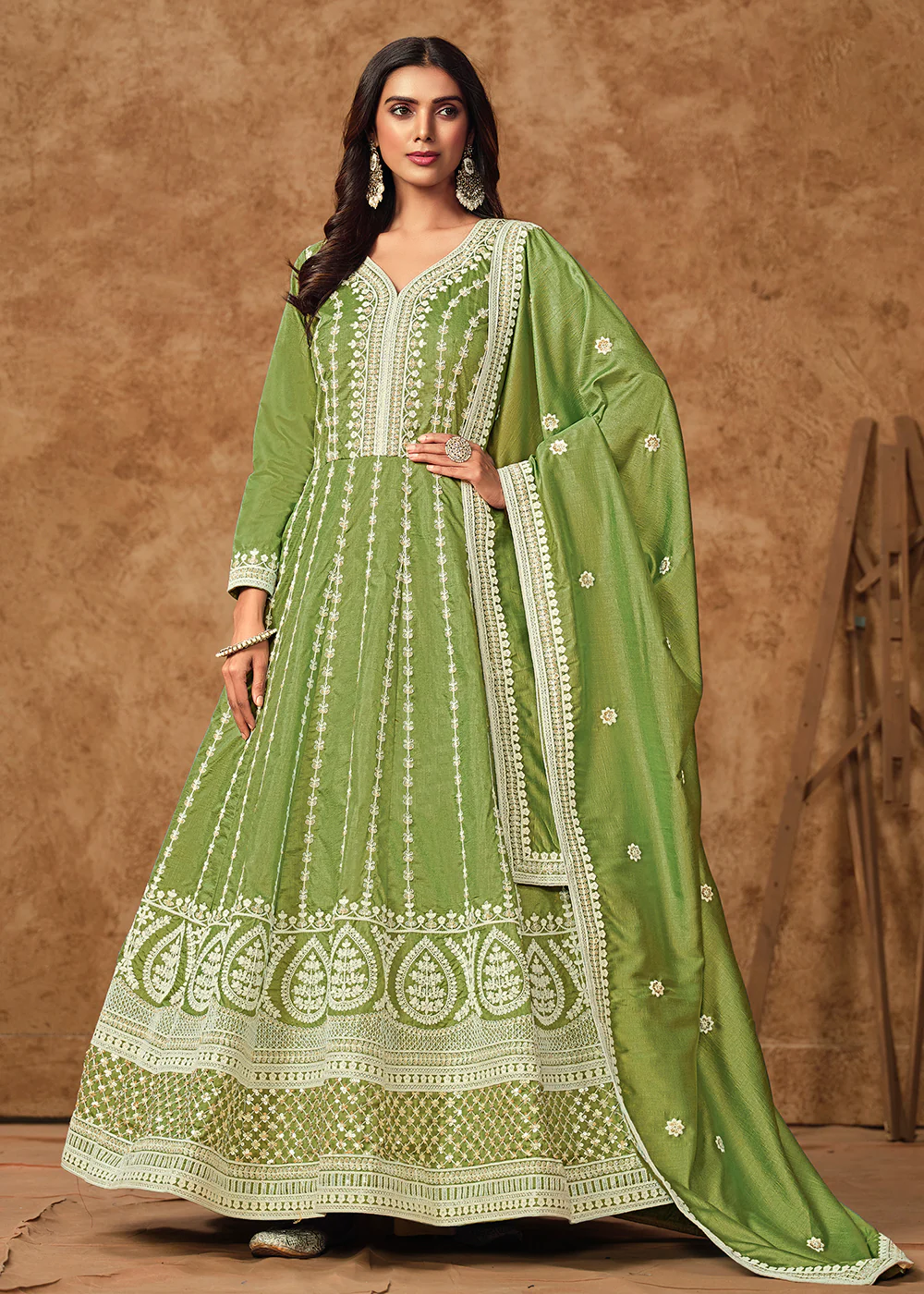 Green Dola Silk Embroidered Eid Style Anarkali Suit