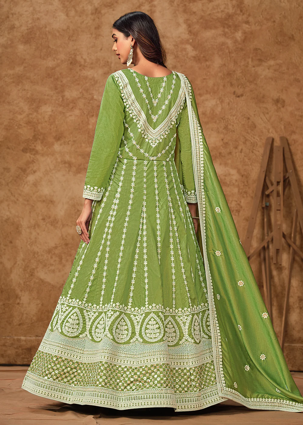 Green Dola Silk Embroidered Eid Style Anarkali Suit - Image 3